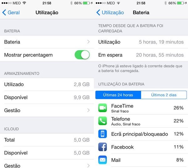 iOS 8 opção "Utilização de bateria" iPhone - Definições > Geral > Uso > Uso de bateria