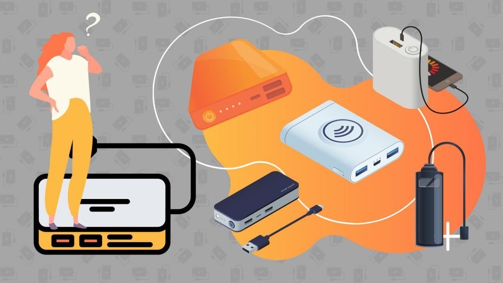 Uma mulher com power banks Uma mulher com baterias externas