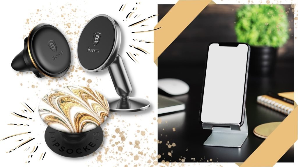 Diferentes tipos de suportes de telefone Uma variedade de suportes para telemóvel