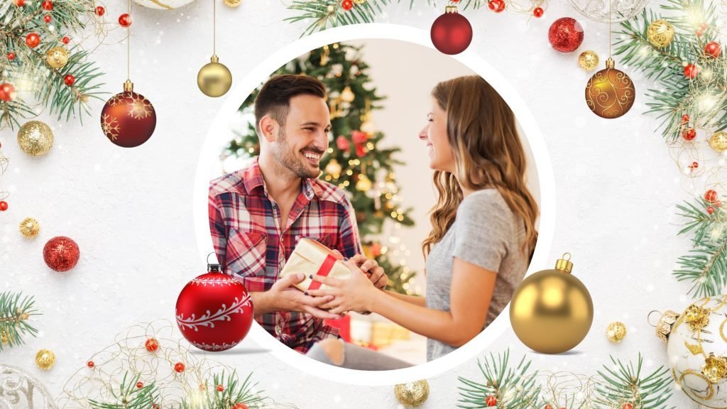 Presente de natal para homem Home a receber prenda de Natal de uma mulher