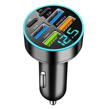 Carregador de automóvel rápido de 6 portas PD/QC3.0 de 100W - 2x USB-C, 4x USB-A - Preto
