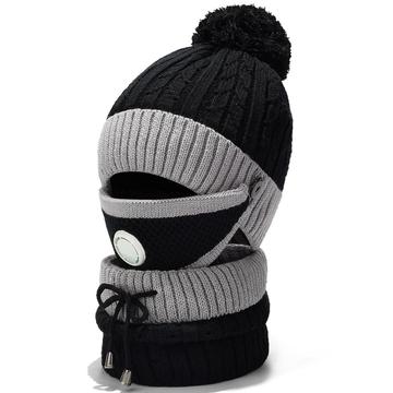 Gorro de malha à prova de vento de inverno com 3 peças, máscara facial e aquecedor de pescoço - Preto / Cinzento