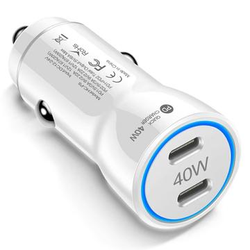 Carregador de automóvel rápido duplo USB-C PD de 40 W com anel de luz LED - Branco