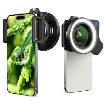 Apexel APL-ZM100FL26 Objetiva macro profissional com zoom e luz anelar de 9 modos - Rosca 52mm/37mm