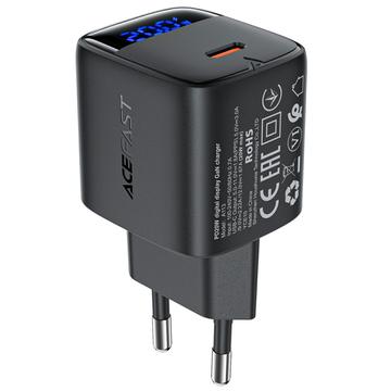 Carregador Acefast A113 20W GaN USB-C com ecrã LED de energia - Preto
