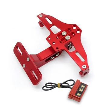 Suporte de matrícula de motociclo em liga de alumínio CNC ajustável Suporte telescópico de luz de bicicleta com luz LED - Vermelho
