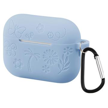 AirPods Pro 3 Capa de silicone líquido com padrão de flores e mosquetão - Azul bebé