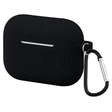 AirPods Pro 3 Capa de silicone líquido com padrão de flores e mosquetão - Preto