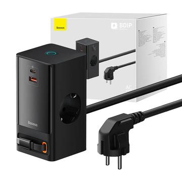 Baseus PowerCombo Digital Power Strip 65W w. Retractable USB-C Cable - 2xAC, USB-C, USB-A - Preto