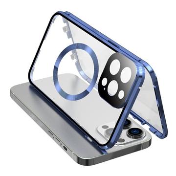 Compatível com a capa MagSafe para iPhone 15 Pro com estrutura metálica magnética + capa para telemóvel em vidro temperado de dupla face com fecho de fivela - Azul escuro