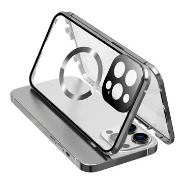 Compatível com a capa MagSafe para iPhone 15 Pro com estrutura metálica magnética + capa para telemóvel em vidro temperado de dupla face com fecho de fivela - Prata