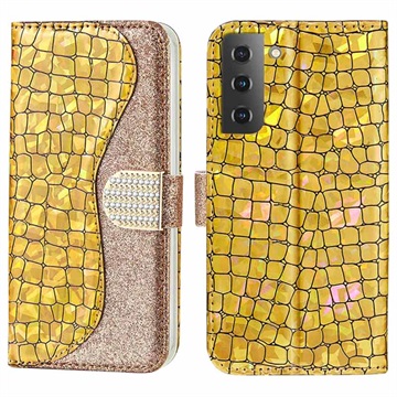 Bolsa tipo Carteira Croco Bling para Samsung Galaxy S22 5G - Dourado