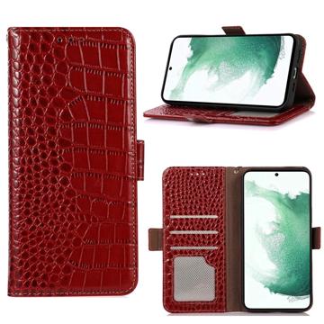 Bolsa de Pele Tipo Carteira Crocodile com RFID para iPhone 14 - Preto