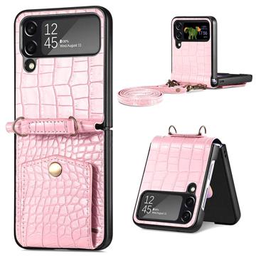 Capa com Alça Série Crocodile para Samsung Galaxy Z Flip4 5G - Cor-de-rosa