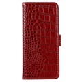 Bolsa de Pele Tipo Carteira Crocodile com RFID para Samsung Galaxy S21 FE 5G - Vermelho