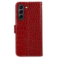 Bolsa de Pele Tipo Carteira Crocodile com RFID para Samsung Galaxy S21 FE 5G - Vermelho