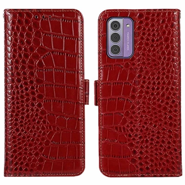 Bolsa de Pele Tipo Carteira Crocodile com RFID para Nokia G42 - Vermelho