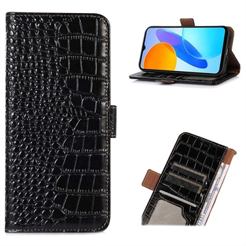 Bolsa de Pele Tipo Carteira Crocodile com RFID para iPhone 14 - Preto
