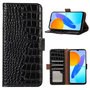Bolsa de Pele Tipo Carteira Crocodile com RFID para iPhone 14 - Preto