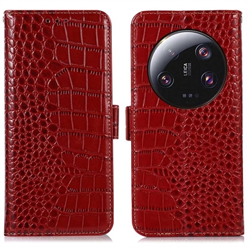 Bolsa de Pele Tipo Carteira Crocodile com RFID para Xiaomi 13 Ultra - Vermelho