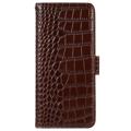 Bolsa de Pele Tipo Carteira Crocodile com RFID para iPhone 14 - Castanho