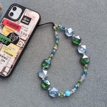 Pulseira para telemóvel com contas de cristal - 30cm - Verde / Azul
