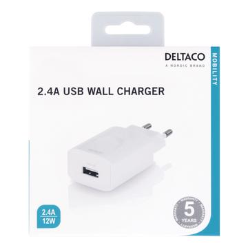 Carregador de parede USB Deltaco - 2,4A - Branco