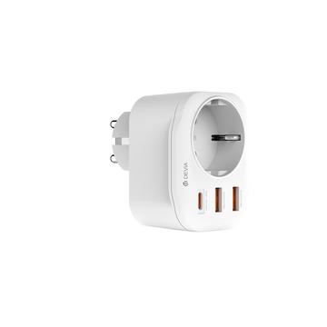Tomada eléctrica Devia 20W - USB-C, 2 portas USB-A, 3A - Branco