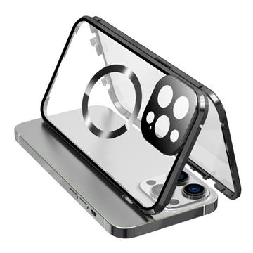 Vidro temperado de dupla face + estrutura metálica magnética Capa anti-queda para iPhone 15 Compatível com a capa MagSafe para telemóvel com fecho de fivela