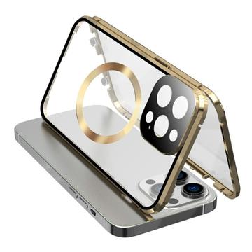 Vidro temperado de dupla face + estrutura metálica magnética anti-queda para iPhone 15 Compatível com a capa para telemóvel MagSafe com fecho de fivela - Ouro