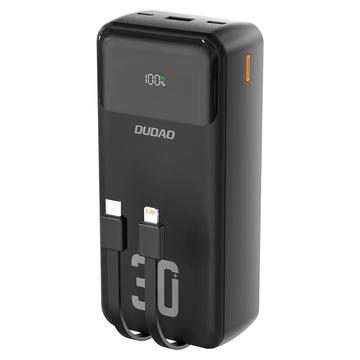 Banco de potência Dudao K15MAX 30000mAh - Carregamento rápido PD e QC de 22.5W, cabos USB-C e Lightning integrados - Preto