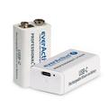 Bateria 9V recarregável USB-C EverActive Professional+ Lithium - 550mAh