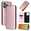 Bolsa Flip para iPhone 15 Pro - Fibra de Carbono - Cor-de-Rosa Dourado