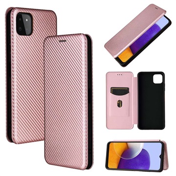 Bolsa Flip para Samsung Galaxy A22 5G, Galaxy F42 5G - Fibra de Carbono - Cor-de-Rosa Dourado