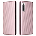 Bolsa Flip para Sony Xperia 10 V - Fibra de Carbono - Cor-de-Rosa Dourado