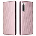 Bolsa Flip para Sony Xperia 10 V - Fibra de Carbono - Cor-de-Rosa Dourado