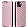 Bolsa Flip para iPhone 15 - Fibra de Carbono - Cor-de-Rosa Dourado