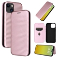 Bolsa Flip para iPhone 15 Plus - Fibra de Carbono - Cor-de-Rosa Dourado
