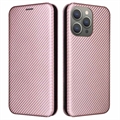 Bolsa Flip para iPhone 15 Pro Max - Fibra de Carbono - Cor-de-Rosa Dourado