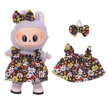 Vestido de festa floral e bandolete com laço para Labubu Mini Figure 17cm - Castanho