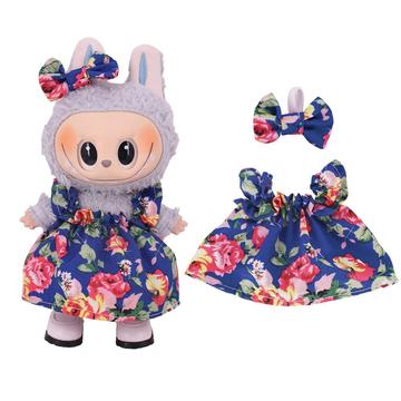 Vestido de festa floral e bandolete com laço para Labubu Mini Figure 17cm - Azul escuro
