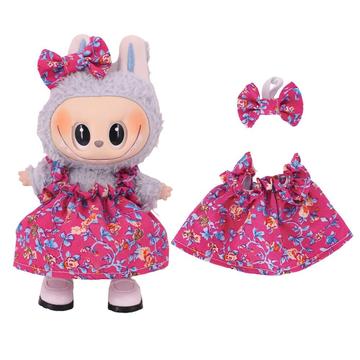 Vestido de festa floral e bandolete com laço para Labubu Mini Figure 17cm - Rosa choque