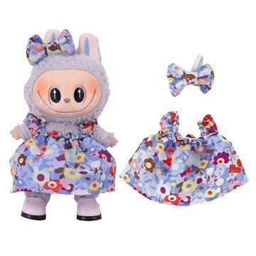Vestido de festa floral e bandolete com laço para Labubu Mini Figure 17cm - Azul claro