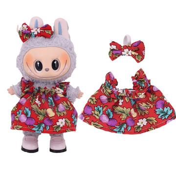 Vestido de festa floral e bandolete com laço para Labubu Mini Figure 17cm - Vermelho