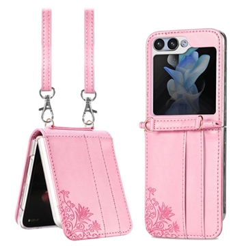 Capa com Alça Floral Print para Samsung Galaxy Z Flip5 - Cor-de-Rosa