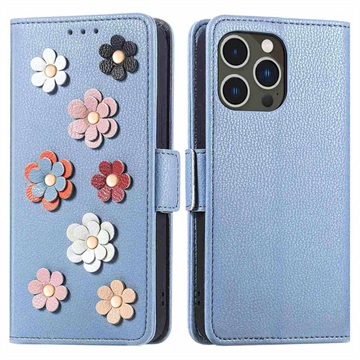 Bolsa Tipo Carteira Flower Decor Series para iPhone 14 Pro - Azul
