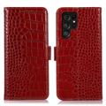 Bolsa de Pele Tipo Carteira Crocodile com RFID para Samsung Galaxy S23 Ultra 5G - Vermelho