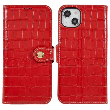 Bolsa de Pele Tipo Carteira para iPhone 14 Plus - Crocodile - Vermelho