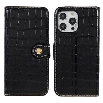 Bolsa de Pele Tipo Carteira para iPhone 14 Pro Max - Crocodile - Preto