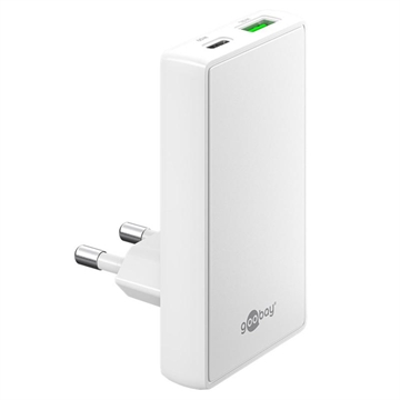 Carregador rápido duplo Goobay GaN 90° plano - 65W, USB-C e USB-A - Branco